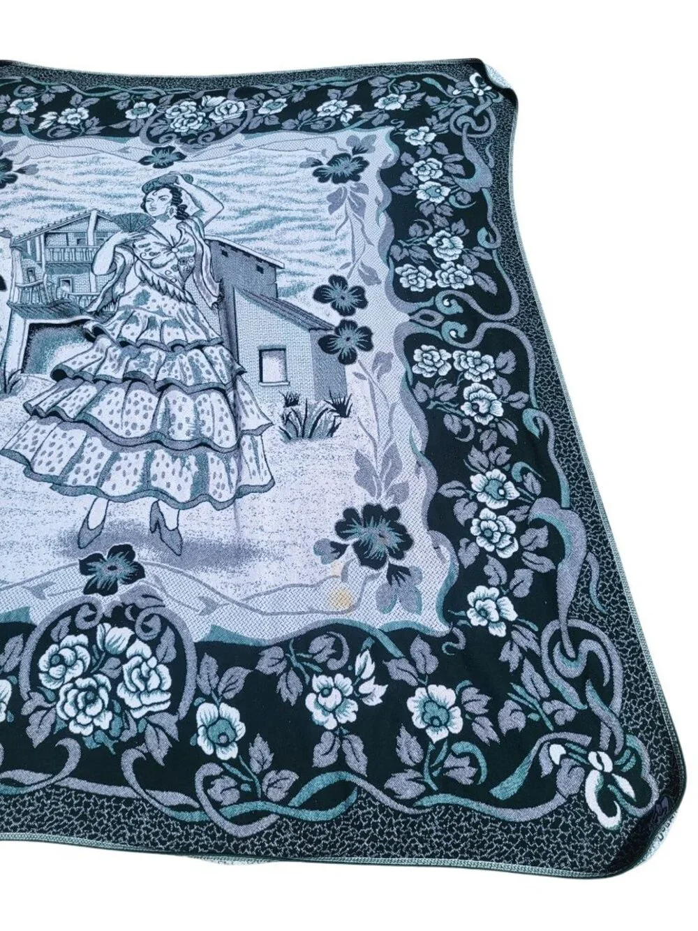 Vintage Spanish Flamenco Dancer Woven Tapestry Throw Blanket With Floral Border